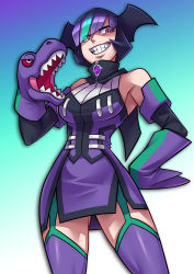 Rule 34 | &gt;:d, 1girl, :d, asymmetrical gloves, bare shoulders, beast wars, beast wars: transformers, boots, breasts, decepticon, detached sleeves, dress, garter straps, gloves, green hair, grin, hair over one eye, hand puppet, head wings, highres, medium breasts, megatron, miniskirt, mismatched gloves, multicolored hair, open mouth, personification, puppet, purple hair, purple thighhighs, red eyes, ryuusei (mark ii), short dress, short hair, skirt, smile, solo, thigh boots, thighhighs, transformers, v-shaped eyebrows, wings