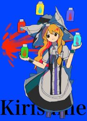 Rule 34 | 1girl, absurdres, apron, black dress, blonde hair, blue background, bow, braid, dress, feet out of frame, floating, floating object, hat, hat bow, highres, jar, kirisame marisa, neruzou, short sleeves, side braid, single braid, smile, solo, touhou, waist apron, white bow, witch hat