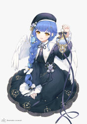 Rule 34 | 1girl, absurdres, amamiya kokoro, angel wings, arm up, artist name, bell, belly chain, beret, black dress, black ribbon, blue hair, candle, commentary, dress, feathered wings, flower, frilled dress, frilled sleeves, frills, hair bell, hair flower, hair ornament, hand on lap, hat, highres, holding, holding lantern, jewelry, lantern, long hair, long sleeves, looking at viewer, neck ribbon, nijisanji, on ground, open mouth, pepperdevil, puffy long sleeves, puffy sleeves, purple ribbon, ribbon, seiza, sidelocks, simple background, sitting, smile, solo, star (symbol), star hair ornament, striped ribbon, teeth, upper teeth only, very long hair, virtual youtuber, white background, white ribbon, wings, yellow eyes