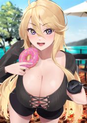 Rule 34 | 1girl, absurdres, ahoge, black shorts, black sweater, blonde hair, blue eyes, blurry, blurry background, breasts, chair, cleavage, crossed bangs, cup, disposable cup, doughnut, food, hair between eyes, hanging breasts, highres, holding, holding cup, holding food, huge breasts, iowa (kancolle), kantai collection, leaning forward, long hair, looking at viewer, open mouth, rinrin kai, short shorts, shorts, star-shaped pupils, star (symbol), sweater, symbol-shaped pupils, table, tree, umbrella, very long hair, water