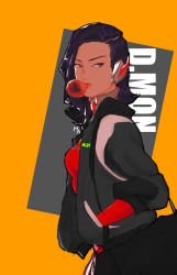 Rule 34 | 1girl, bag, bodysuit, breasts, brown eyes, blowing bubbles, character name, chewing gum, d.mon (overwatch), duffel bag, flipped hair, forehead, from side, half-closed eyes, hand in pocket, headphones, high collar, highres, jacket, kayla (mchandraws), medium breasts, medium hair, overwatch, overwatch 1, pilot suit, purple hair, ribbed bodysuit, shoulder bag, solo