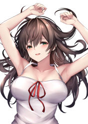 Rule 34 | 1girl, armpits, arms up, bare arms, bare shoulders, black hair, blush, breasts, collarbone, dress, green eyes, hair between eyes, highres, large breasts, long hair, original, parted lips, red ribbon, ribbon, simple background, sleeveless, sleeveless dress, solo, teeth, upper body, upper teeth only, white background, white dress, ym (distance819)