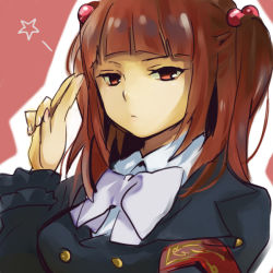 Rule 34 | 00s, 1girl, bad id, bad pixiv id, blunt bangs, brown eyes, brown hair, expressionless, gm, hair bobbles, hair ornament, red hair, salute, solo, star (symbol), twintails, two-finger salute, two side up, umineko no naku koro ni, ushiromiya ange