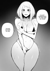 Rule 34 | 1girl, alternate breast size, bikini, black bikini, blush, boku no hero academia, grabbing another&#039;s breast, breast hold, breasts, cleavage, collarbone, cowboy shot, english text, facing viewer, grabbing, gradient background, greyscale, highres, kisou (kisou00), legs together, long hair, looking at viewer, medium breasts, monochrome, navel, open mouth, solo, speech bubble, standing, string bikini, sweat, swimsuit, thick thighs, thigh gap, thighs, trembling, uraraka ochako, wide hips