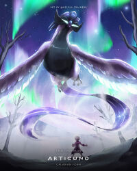 Rule 34 | 1boy, aurora, bare tree, bede (pokemon), bird, character name, closed mouth, coat, commentary, copyright name, creatures (company), curly hair, galarian articuno, galarian form, game freak, gen 8 pokemon, green eyes, highres, kelvin-trainerk, legendary pokemon, male focus, night, nintendo, outdoors, pokemon, pokemon (creature), pokemon swsh, purple coat, short hair, sky, standing, tree, twitter username, watermark