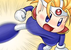Rule 34 | 1boy, action lines, angry, armor, artist name, blonde hair, blue eyes, blue footwear, blush, clenched hand, fighting, gem, gloves, headband, highres, kicking, kirby (series), knuckle joe, kuromura gin, male focus, mittens, motion blur, nintendo, open mouth, pauldrons, pointy ears, shoulder armor, simple background, solo, striped legwear, white gloves, white legwear, white mittens, yellow background