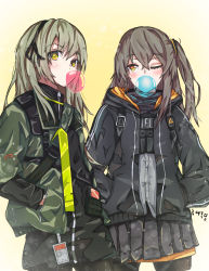 Rule 34 | 2girls, aged down, artist request, blowing bubbles, chewing gum, commentary, english commentary, girls&#039; frontline, green hair, grey hair, hair ribbon, hands in pockets, highres, hood, hooded jacket, jacket, multiple girls, one eye closed, pantyhose, ribbon, siblings, side ponytail, sisters, skirt, strap, ump40 (girls&#039; frontline), ump45 (girls&#039; frontline), yellow eyes