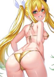 Rule 34 | 1girl, ass, back, bikini, blonde hair, breasts, butt crack, cameltoe, ceijin (rizalagoenk), covered erect nipples, dokibird (vtuber), from behind, gold bikini, green eyes, grin, hair ribbon, highres, indie virtual youtuber, long hair, looking back, medium breasts, ribbon, simple background, smile, solo, strap gap, swimsuit, teeth, very long hair, virtual youtuber, white background