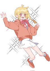 Rule 34 | 1girl, ahoge, blonde hair, bocchi the rock!, bow, bowtie, bright pupils, commentary, corrupted twitter file, full body, hands up, hashtag-only commentary, highres, ijichi nijika, jacket, long hair, long sleeves, midair, molu stranger, open mouth, orange footwear, orange jacket, red bow, red bowtie, red eyes, shirt, side ponytail, simple background, skirt, smile, solo, sparkle, white background, white pupils, white shirt, white skirt