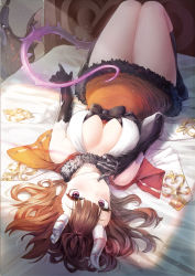 Rule 34 | 1girl, absurdres, bed sheet, black gloves, blunt bangs, breasts, broken horn, brown hair, cleavage, demon girl, elbow gloves, eriko (princess connect!), finger to mouth, fur trim, gloves, highres, horns, huge filesize, large breasts, looking at viewer, lying, mochirong, on back, on bed, pink eyes, princess connect!, short hair, solo, tail, thighs, upside-down