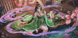 Rule 34 | 1girl, bare legs, bare shoulders, bell, cat, censer, character request, closed mouth, earrings, falling petals, flower, food, hair bun, highres, jewelry, jingle bell, lily pad, long hair, lotus, petals, romance of the three kingdoms, rug, smile, solo, tassel, tassel earrings, tiara, tofu, upper body, water, yinse qiji