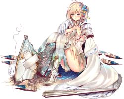 Rule 34 | 1girl, blonde hair, blue eyes, blush, boots, breasts, cape, covering privates, covering breasts, dress, gloves, high heel boots, high heels, issairaku, large breasts, neuschwanstein (oshiro project), official art, oshiro project:re, oshiro project:re, sitting, solo, thigh boots, thighhighs, torn clothes, transparent background