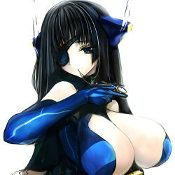 Rule 34 | 1girl, black hair, blue eyes, breasts, cleavage, elbow gloves, eyepatch, gloves, hair in own mouth, huge breasts, long hair, original, pupps, robot ears, solo, upper body