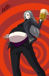 Rule 34 | 1girl, alcohol, axel-rosered, beer, beer mug, big belly, breasts, bursting belly, cup, highres, mug, niijima sae, open fly, persona, persona 5, red background, silver hair, small breasts, solo, tagme