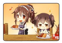 Rule 34 | 10s, 2girls, :d, artist name, ashigara (kancolle), brown eyes, brown hair, commentary request, eating, fake horns, fang, hair between eyes, hairband, holding, holding spoon, horned headwear, horns, japanese clothes, kaga (kancolle), kantai collection, long hair, long sleeves, multiple girls, musical note, open mouth, quaver, short hair, side ponytail, smile, sparkle, spoon, taisa (kari), tasuki, white hairband