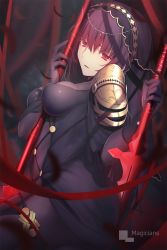 Rule 34 | 1girl, armor, artist name, between breasts, blurry, bodysuit, breasts, depth of field, fate/grand order, fate (series), gae bolg (fate), highres, long hair, magicians (zhkahogigzkh), parted lips, pauldrons, polearm, purple hair, red eyes, scathach (fate), scathach (fate), shoulder armor, skin tight, solo, spear, veil, watermark, weapon
