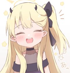 Rule 34 | 1girl, black dress, black horns, blonde hair, blue archive, blush, closed eyes, collarbone, demon horns, dress, hachikari (hachi karintou), halo, highres, horns, ibuki (blue archive), ibuki (dress) (blue archive), long hair, looking at viewer, open mouth, pointy ears, side ponytail, simple background, smile, solo, upper body, white background, yellow halo