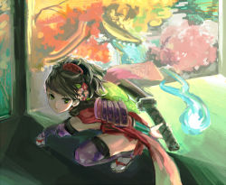 Rule 34 | 1girl, armor, black hair, brown eyes, conjaku, flower, hair flower, hair ornament, looking at viewer, momohime, oboro muramasa, outstretched leg, sandals, solo, squatting, sword, thighhighs, weapon