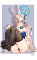 Rule 34 | 1girl, absurdres, animal ears, aqua leotard, ass, asuna (blue archive), asuna (bunny) (blue archive), blonde hair, blue archive, blue bow, blue bowtie, blue eyes, blue halo, blue leotard, bow, bowtie, breasts, brown thighhighs, cameltoe, cleavage, closed mouth, detached collar, fake animal ears, feet, hair over one eye, hair ribbon, hairband, halo, hand on own knee, high heels, highres, holding, holding shoes, jiujiuyatou (yayanzz), large breasts, legs up, leotard, light brown hair, long hair, looking at viewer, no shoes, official alternate costume, pantyhose, playboy bunny, rabbit ears, ribbon, shadow, shoes, sidelocks, sitting, skindentation, soles, solo, strapless, strapless leotard, thighband pantyhose, thighhighs, thighs, toes, traditional bowtie, unworn shoes, very long hair, white footwear, white hairband