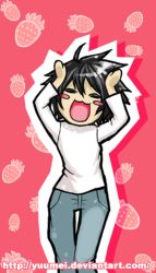 Rule 34 | 00s, 1boy, animated, animated gif, bags under eyes, caramelldansen, dancing, death note, food, fruit, happy, l (death note), lowres, male focus, solo, strawberry, watermark, yuumei