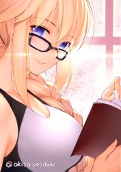 Rule 34 | 1girl, akisa yositake, backlighting, bare shoulders, black-framed eyewear, blonde hair, blue eyes, blush, book, braid, breasts, closed mouth, commentary request, competition swimsuit, fate/grand order, fate (series), from side, glasses, hair over shoulder, holding, holding book, indoors, jeanne d&#039;arc (fate), jeanne d&#039;arc (ruler) (fate), jeanne d&#039;arc (swimsuit archer) (fate), jeanne d&#039;arc (swimsuit archer) (second ascension) (fate), lens flare, long hair, looking at viewer, looking to the side, medium breasts, one-piece swimsuit, open book, single braid, smile, solo, swimsuit, twitter username, white one-piece swimsuit, window