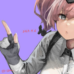 Rule 34 | 9-ga, anchor hair ornament, atlanta (kancolle), black headwear, breasts, brown hair, dated, dress shirt, gloves, grey eyes, hair ornament, index finger raised, kantai collection, large breasts, long hair, long sleeves, parted lips, partially fingerless gloves, purple background, shirt, suspenders, two side up, upper body, white gloves, white shirt