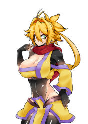 Rule 34 | 1girl, ahoge, asymmetrical sleeves, black gloves, black thighhighs, blonde hair, boots, breasts, cleavage, covered navel, cowboy shot, detached sleeves, fingerless gloves, gloves, green eyes, groin, hair intakes, hand on own hip, highleg, highleg leotard, hip vent, kamen no hito, large breasts, leaning forward, leotard, looking at viewer, low ponytail, one eye covered, original, orinrin (kamen no hito), pelvic curtain, purple footwear, red scarf, scarf, skin tight, smile, solo, thighhighs, uneven sleeves