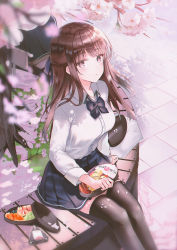 Rule 34 | 1girl, absurdres, bento, black bow, black bowtie, black thighhighs, blue skirt, blurry, blurry foreground, bow, bowtie, breasts, brown eyes, brown hair, cherry blossoms, collarbone, collared shirt, food, highres, long hair, long sleeves, looking at viewer, medium breasts, on bench, original, outdoors, petals, pout, school uniform, shirt, sion (im10042m), sitting, skirt, thighhighs, tree, white shirt