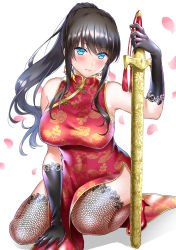 Rule 34 | 1girl, abe hikaru, absurdres, armpits, bare shoulders, black gloves, black hair, black thighhighs, blue eyes, blush, breasts, china dress, chinese clothes, dress, earrings, fishnet thighhighs, fishnets, floral print, gloves, high heels, high ponytail, highres, hikaru (gevp7588), holding, holding sword, holding weapon, jewelry, kneeling, lace, lace-trimmed gloves, lace-trimmed legwear, lace trim, large breasts, long hair, looking at viewer, original, petals, ponytail, red dress, red footwear, sheath, sheathed, side slit, sidelocks, simple background, sleeveless, sleeveless dress, smile, solo, sword, thighhighs, weapon, white background