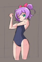 Rule 34 | 1girl, bow, brown background, double bun, green eyes, hair bow, looking at viewer, manaka laala, one-piece swimsuit, one eye closed, pretty series, pripara, purple hair, rohitsuka, school swimsuit, short hair, sketch, smile, solo, swimsuit