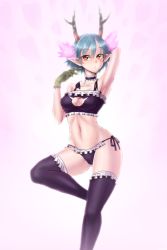 Rule 34 | 1girl, antlers, aqua hair, artist request, blue hair, breasts, c (control), cat lingerie, choker, cleavage, closed mouth, fur, highres, horns, lingerie, looking at viewer, meme attire, panties, pointy ears, q (control), short hair, solo, thighhighs, underwear, yellow eyes