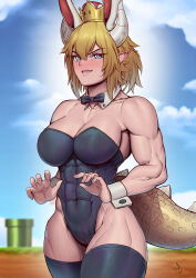 Rule 34 | 1girl, abs, absurdres, animal ears, bare arms, bare pectorals, bare shoulders, biceps, black leotard, black thighhighs, blonde hair, blue eyes, blush, bowsette, breasts, collar, collarbone, crown, deltoids, dragon tail, genderswap, genderswap (mtf), highres, horns, large breasts, leotard, looking at viewer, mario (series), muscular, muscular female, neck ribbon, new super mario bros. u deluxe, nintendo, pectorals, pointy ears, rabbit ears, ribbon, sharp teeth, short hair, smile, speedl00ver, strapless, strapless leotard, super crown, tail, teeth, the super mario bros. movie, thick thighs, thighhighs, thighs, wristband