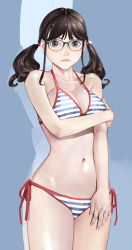 Rule 34 | 1girl, absurdres, arm under breasts, bikini, blue-framed eyewear, blue background, blue eyes, breasts, brown hair, cat hair ornament, cleavage, closed mouth, collarbone, cowboy shot, glasses, hair ornament, hand on own arm, hand on own leg, highres, inamitsu shinji, large breasts, legs together, long hair, nail polish, navel, original, paid reward available, pink nails, side-tie bikini bottom, solo, standing, stomach, striped bikini, striped clothes, swimsuit, twintails
