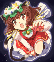 Rule 34 | 1girl, animal ears, bell, brown eyes, brown hair, cat ears, cat girl, cat tail, chen, christmas, christmas ornaments, earrings, fang, female focus, fingernails, flx, hat, jewelry, long fingernails, multiple tails, open mouth, sack, short hair, solo, star (symbol), tail, touhou