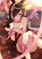 Rule 34 | animal ears, black hair, blush, breasts, christmas, cleavage, commentary request, hair over one eye, headband, highres, horse ears, long hair, looking at viewer, purple eyes, ribbon, rice shower (umamusume), small breasts, thighs, tiara (871220), umamusume