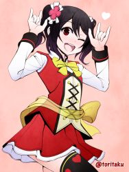 Rule 34 | 10s, 1girl, :d, \m/, black hair, blush, bow, double \m/, gradient background, hair bow, looking at viewer, love live!, love live! school idol project, nico nico nii, one eye closed, open mouth, red eyes, short hair, skirt, smile, solo, sunny day song, torigoe takumi, twintails, twitter username, yazawa nico