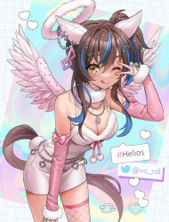 Rule 34 | :p, alternate costume, angel, angel wings, animal ears, breasts, brown hair, character name, cleavage, collarbone, commentary request, daitaku helios (sunshine angel) (umamusume), daitaku helios (umamusume), detached sleeves, hair between eyes, hair ornament, horse ears, horse tail, iro 178, jewelry, looking at viewer, medium breasts, necklace, one eye closed, tail, tongue, tongue out, twitter logo, umamusume, v, v over eye, wings, yellow eyes