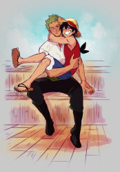 Rule 34 | 2boys, arms around neck, bandana, bandana around arm, black bandana, black eyes, black hair, black pants, blue shorts, blue sky, blush, clinging, closed eyes, couple, day, facial scar, full body, green hair, happy, haramaki, hat, highres, looking at another, male focus, monkey d. luffy, multiple boys, one armed carry, one piece, outdoors, pants, red vest, roronoa zoro, sandals, scar, scar on cheek, scar on face, ship deck, shirt, short hair, shorts, sideburns, sitting, sky, smile, straw hat, tight clothes, tight shirt, toned, toned male, vest, white shirt, yaoi, yobot