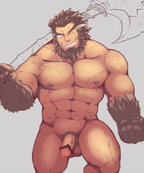 Rule 34 | 1boy, abs, axe, bar censor, bara, beard, body fur, brown hair, censored, character request, check copyright, completely nude, copyright request, erection, facial hair, facial scar, feet out of frame, highres, holding, holding axe, kagemaru (kagemaru321), large pectorals, looking at viewer, male focus, mature male, muscular, muscular male, navel, nipples, nude, one eye closed, over shoulder, pectorals, penis, sangokushi puzzle taisen, scar, scar on cheek, scar on face, short hair, solo, stomach, thick thighs, thighs, unfinished, weapon, weapon over shoulder