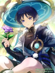 Rule 34 | 1boy, artist name, black hair, black shirt, black shorts, blue cape, blue hat, blue ribbon, blue sash, blunt ends, blurry, blurry background, bridal gauntlets, cape, choppy bangs, commentary request, covered collarbone, eyeshadow, feet out of frame, flower, genshin impact, gold trim, hair between eyes, hand up, hat, hat ribbon, highres, holding, holding flower, jacket, jingasa, light rays, looking at viewer, makeup, male focus, okkobc, open clothes, open jacket, parted lips, pom pom (clothes), purple eyes, purple flower, red eyeshadow, ribbon, rope, sash, scaramouche (genshin impact), shirt, short hair, short sleeves, shorts, sitting, sleeveless, sleeveless shirt, solo, sumeru rose (genshin impact), sunlight, tree, vision (genshin impact), wanderer (genshin impact), watermark, white jacket