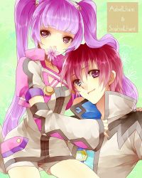 Rule 34 | 1boy, 1girl, akizuki hakuto, alternate costume, asbel lhant, bad id, bad pixiv id, blue eyes, brown hair, character name, flower, heterochromia, long hair, official alternate costume, purple eyes, purple hair, shorts, smile, sophie (tales), tales of (series), tales of graces, twintails, white shorts