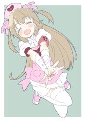 Rule 34 | 1girl, absurdres, apron, blush, brown hair, donguri suzume, closed eyes, full body, hair ornament, hat, highres, long hair, natori sana, nurse cap, open mouth, sana channel, simple background, solo, thighhighs, virtual youtuber, white thighhighs