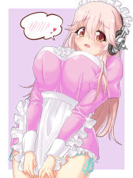 Rule 34 | 1girl, alternate costume, ambi3939, apron, blush, breasts, covering privates, covering crotch, cowboy shot, dress, embarrassed, enmaided, frilled apron, frills, headphones, highres, large breasts, long hair, looking at viewer, looking down, maid, maid apron, maid headdress, mascot, miniskirt, nitroplus, panties, pink dress, pink hair, red eyes, side-tie panties, skirt, skirt tug, solo, super sonico, underwear, waist apron, white apron