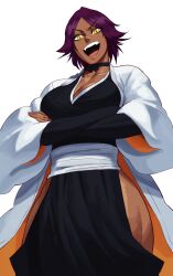 Rule 34 | absurdres, aged down, alternate hair length, alternate hairstyle, black choker, bleach, breasts, choker, cosplay, crossed arms, dark-skinned female, dark skin, haori, highres, hip vent, japanese clothes, large breasts, looking at viewer, parted bangs, purple hair, sash, shihouin yoruichi, short hair, sotcho, sui-feng, sui-feng (cosplay), taichou haori, teeth, upper teeth only, white background, white sash, wide sleeves, yellow eyes