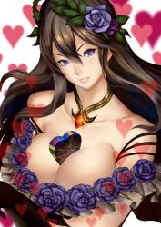 Rule 34 | &gt;:), 10s, 1girl, bare shoulders, between breasts, blue eyes, box, breast hold, breasts, brown gloves, brown hair, candy, chocolate, chocolate heart, cleavage, collarbone, flower, food, gift, gift box, gloves, granblue fantasy, hair between eyes, hair flower, hair ornament, heart, highres, jewelry, large breasts, long hair, looking at viewer, parted lips, pendant, purple flower, purple rose, rose, rosetta (granblue fantasy), shimashima (pixiv3696209), shimashima (simasima 23), sidelocks, smile, solo, upper body, v-shaped eyebrows