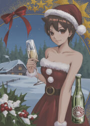 Rule 34 | 1girl, absurdres, bare shoulders, belt, breasts, brown eyes, brown hair, closed mouth, collarbone, commentary, cup, dress, fur trim, hand up, hat, highres, holding, house, kasugano sakura, lips, looking at viewer, medium breasts, outdoors, pom pom (clothes), red dress, ribbon, santa dress, santa hat, short hair, simple background, snow, solo, strapless, strapless dress, street fighter, street fighter zero (series), tree, tyanoki, upper body, wrist cuffs