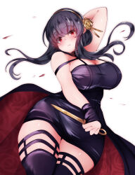Rule 34 | 1girl, absurdres, arm behind head, black hair, black thighhighs, blush, breasts, cleavage, closed mouth, cowboy shot, curvy, gold hairband, hairband, highres, holding, holding weapon, large breasts, long hair, looking at viewer, plump, red eyes, sidelocks, simple background, sleeping ear, solo, spy x family, standing, thick thighs, thighhighs, thighs, weapon, white background, wide hips, yor briar, zettai ryouiki