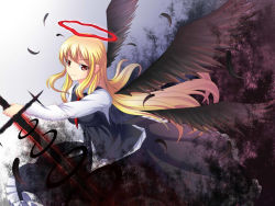 Rule 34 | 1girl, apro, black wings, blonde hair, darkness, ex-rumia, feathers, frilled skirt, frills, halo, long hair, rumia, shirt, skirt, smile, sword, touhou, vest, weapon, wings