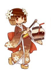 Rule 34 | 1girl, absurdres, brown eyes, brown hair, brown theme, clog sandals, full body, geta, hair ornament, highres, holding, japanese clothes, kimono, long sleeves, okobo, open mouth, sandals, scarf, shigatake, short hair, smile, solo, transparent background, wide sleeves, yukico-tan, yukijirushi
