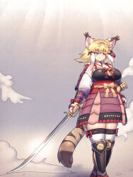 Rule 34 | 1girl, alternate costume, animal ear fluff, animal ears, armor, armored skirt, arms at sides, blonde hair, blue eyes, bow, breasts, brown hair, closed mouth, colored inner hair, day, empty eyes, extra ears, feet out of frame, highres, holding, holding sword, holding weapon, japanese armor, japari symbol, kemono friends, large breasts, long hair, long sleeves, mo23, multicolored hair, outdoors, saber (weapon), smilodon (kemono friends), solo, sword, tail, thighhighs, walking, weapon, white hair, zettai ryouiki